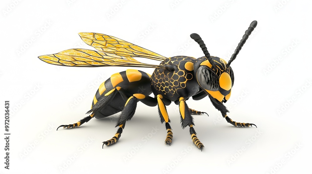 Poster 59. a realistic 3d render of a black and yellow hornet with intricate patterns, isolated on a pristi