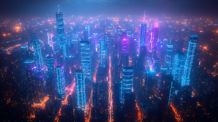 Obraz premium A bird’s-eye view of a city at night, pulsing with blue and purple neon lines representing the flow of data and communication. The vibrant network connects skyscrapers and streets,