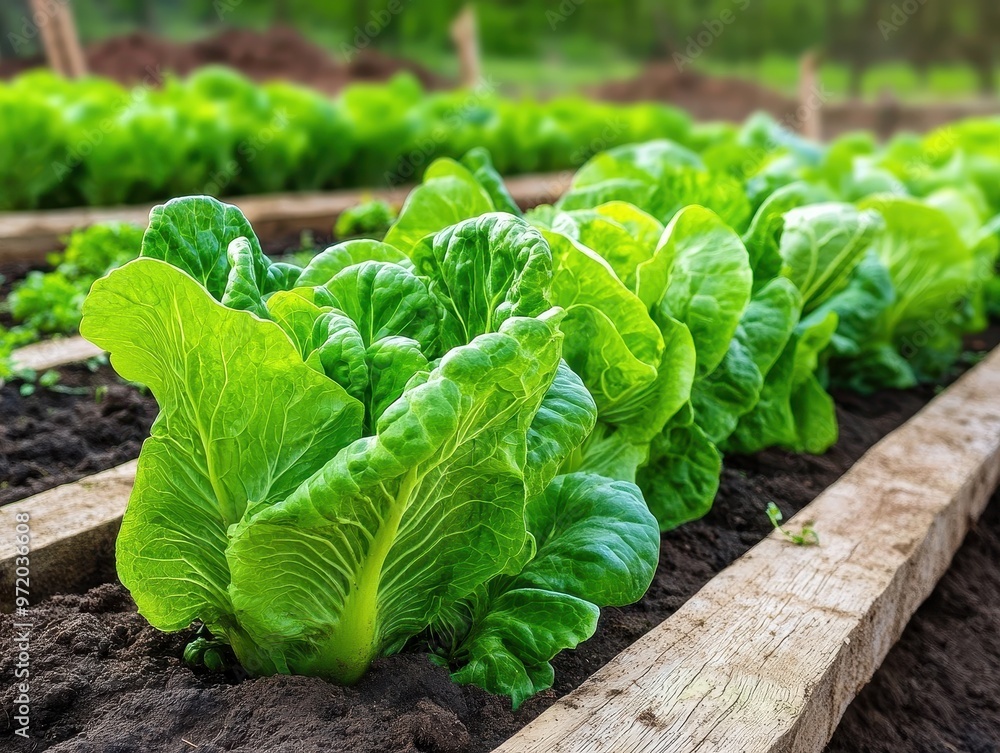 Wall mural fresh green lettuce growing in wooden raised beds in a lush garden on a sunny day