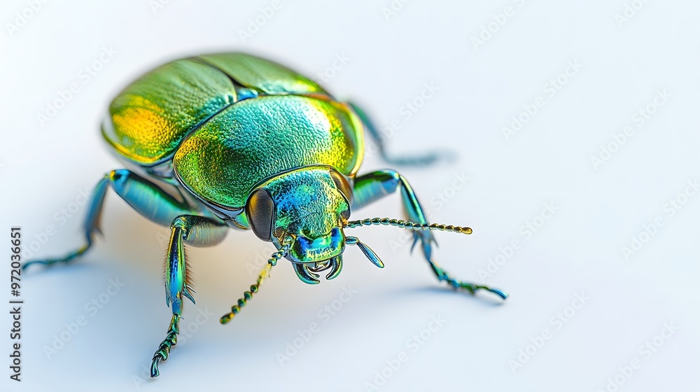 Poster 60. a close-up 3d render of a tiny green beetle with iridescent textures, isolated on a pristine whi