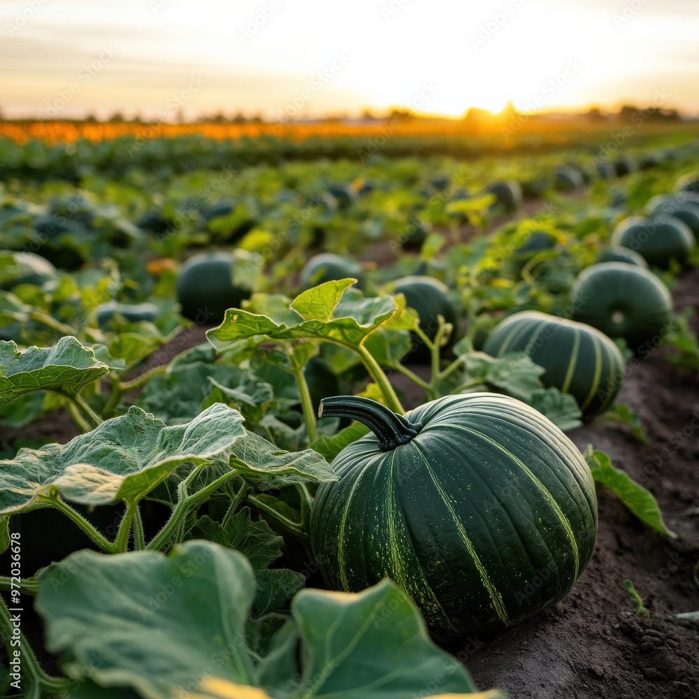 Wall mural A field of green pumpkins (Cucurbita maxima), perfect for the fall harvest season and markets