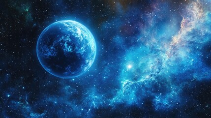 Obraz premium A vibrant blue planet with swirling clouds hangs in a vast, starry expanse, with a nebula in the background.