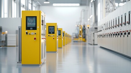 A professional shot of a modern power plant with rows of high-tech machinery and control panels. The image has deep depth of field with sharp focus on the equipment and space for copy.