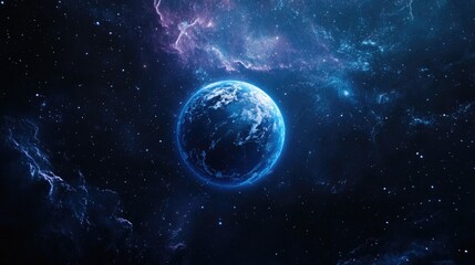 Fototapeta premium A vibrant blue planet with swirling clouds and distant stars in a deep space background.