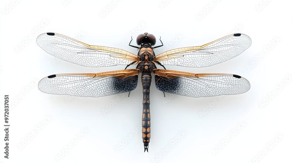 Poster 62. a realistic 3d render of a large dragonfly with detailed wing patterns, isolated on a pristine w