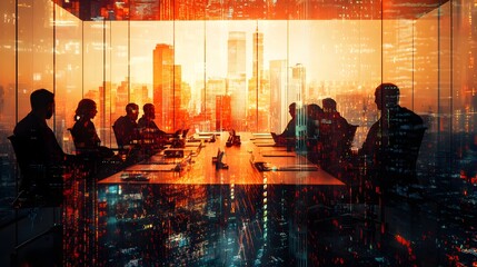 Silhouetted Businesspeople Meeting with Cityscape Reflection