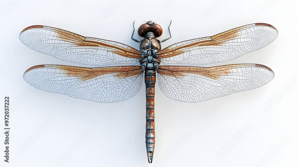 Poster 62. a realistic 3d render of a large dragonfly with detailed wing patterns, isolated on a pristine w
