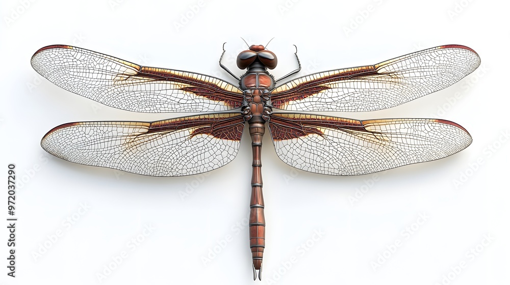 Poster 62. a realistic 3d render of a large dragonfly with detailed wing patterns, isolated on a pristine w