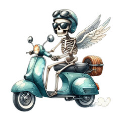 Obraz premium Cute skeleton ghost riding a Scooter clipart watercolor 