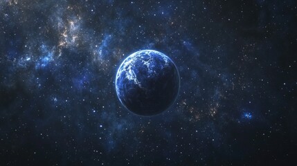 Obraz premium A blue planet with white clouds in a vast, dark, starry expanse of space.
