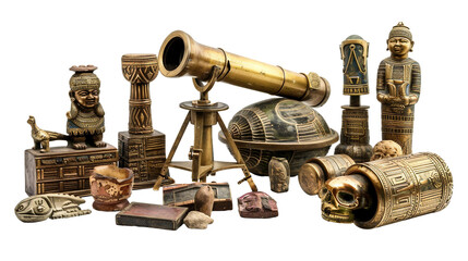 Timeless Artifacts: Brass Telescope Amidst Collectibles on white background