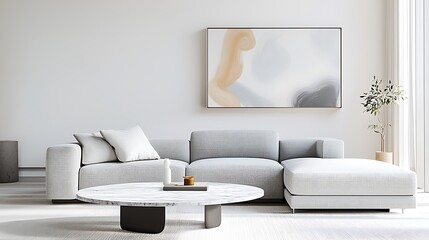A luxurious modern living room with a sleek gray sofa, a marble coffee table, and abstract art on the wall, set against a light background. The room is in sharp focus with deep depth of field,