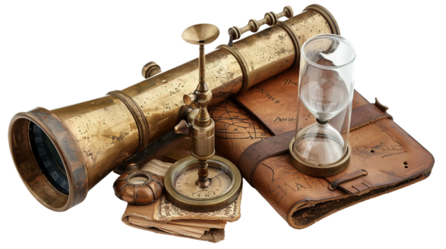 Nostalgic Elegance: Brass Telescope and Antique Hourglass on white background