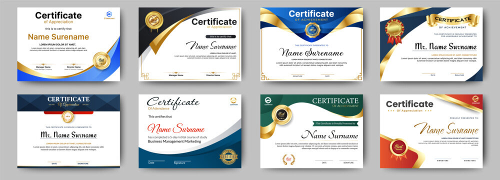 Certificates of achievement template with luxury badge. Eight choice of certificates For award, business, and education needs. Diploma vector template