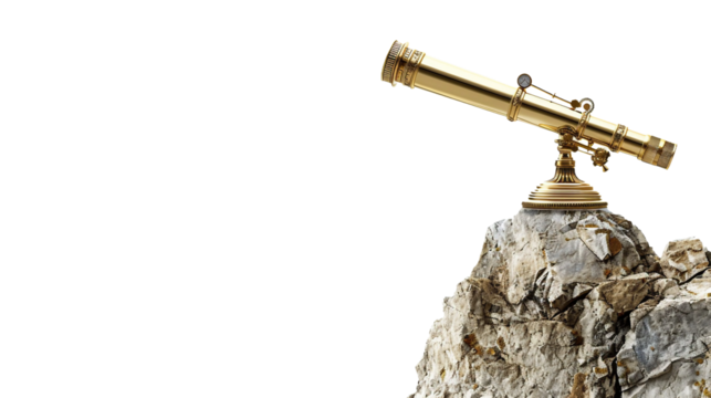 Exploring Vistas: Brass Telescope Overlooking Cliff on white background