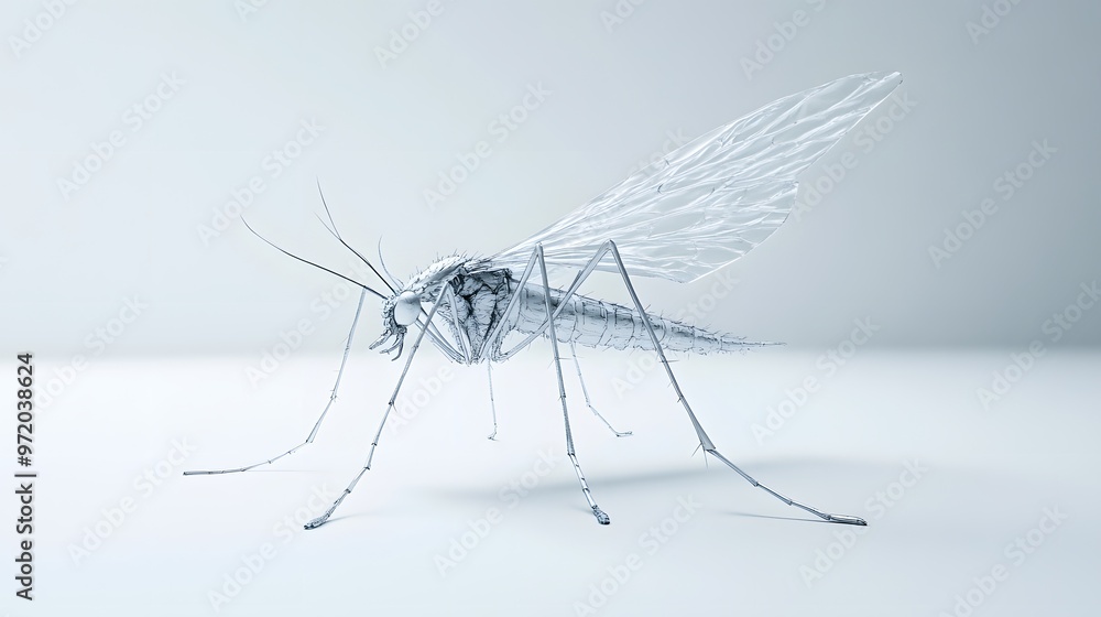 Poster 48. a close-up 3d render of a mosquito with translucent wings, isolated on a pristine white backgrou