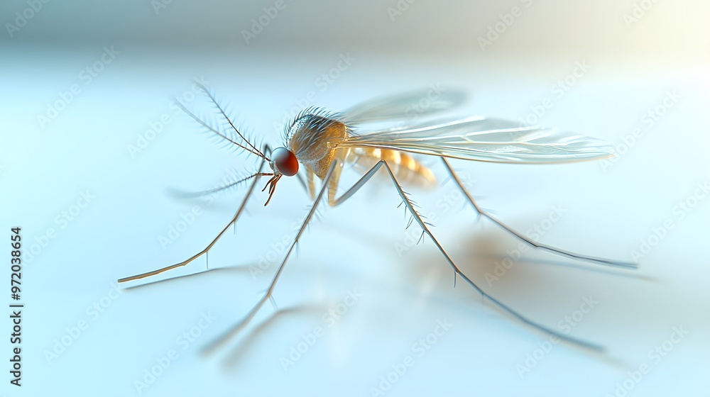 Poster 48. a close-up 3d render of a mosquito with translucent wings, isolated on a pristine white backgrou