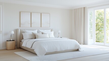 A professional shot of a luxurious bedroom with a king-size bed, plush bedding, and soft lighting. The room is captured with deep depth of field, offering space for text around the clean, modern