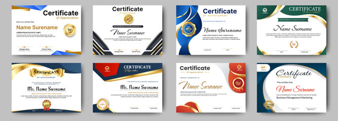 Certificates of completion template with luxury badge and modern line and shapes. Horizontal certificate For award, business, and education needs. Diploma vector template
