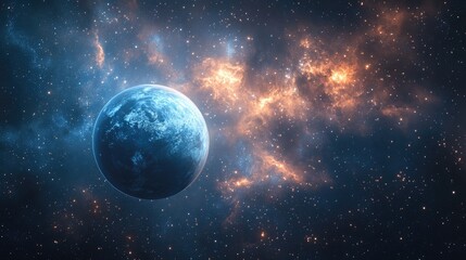 A vibrant blue planet, surrounded by a nebula with glowing orange and blue clouds, sits against a backdrop of a vast starry sky.