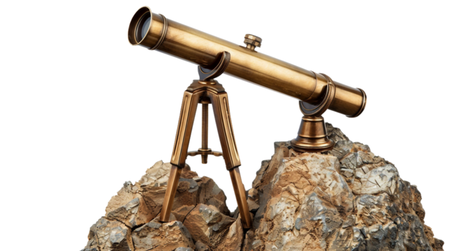 Edge of Exploration: Brass Telescope and Cliffside on white background