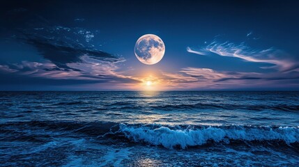 Dramatic Sunset Over Serene Ocean with Glowing Moonrise