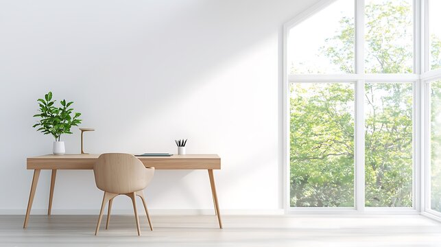 A bright, minimalist home office with a wooden desk, modern chair, and floor-to-ceiling windows. The room is captured in sharp focus with deep depth of field, leaving room for text in the clean