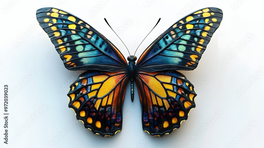 Poster 49. a lifelike 3d render of a colorful butterfly with elaborate wing patterns, isolated on a pristin