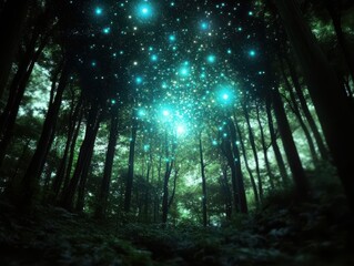Obraz premium Magical Forest with Glowing Lights in the Night Sky Creating a Mystical and Enchanting Atmosphere
