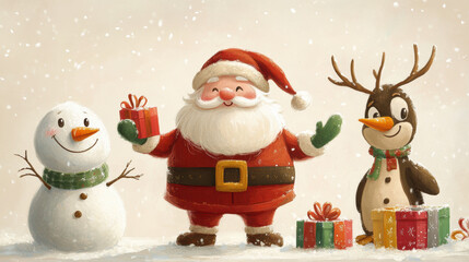 Santa with Snowman and Penguin