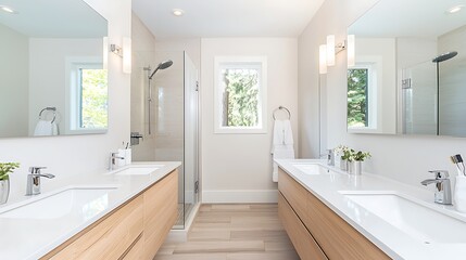 A professional photograph of a stylish modern bathroom with double sinks, large mirrors, and a glass shower. The image has deep depth of field, capturing the space in sharp detail with plenty of room