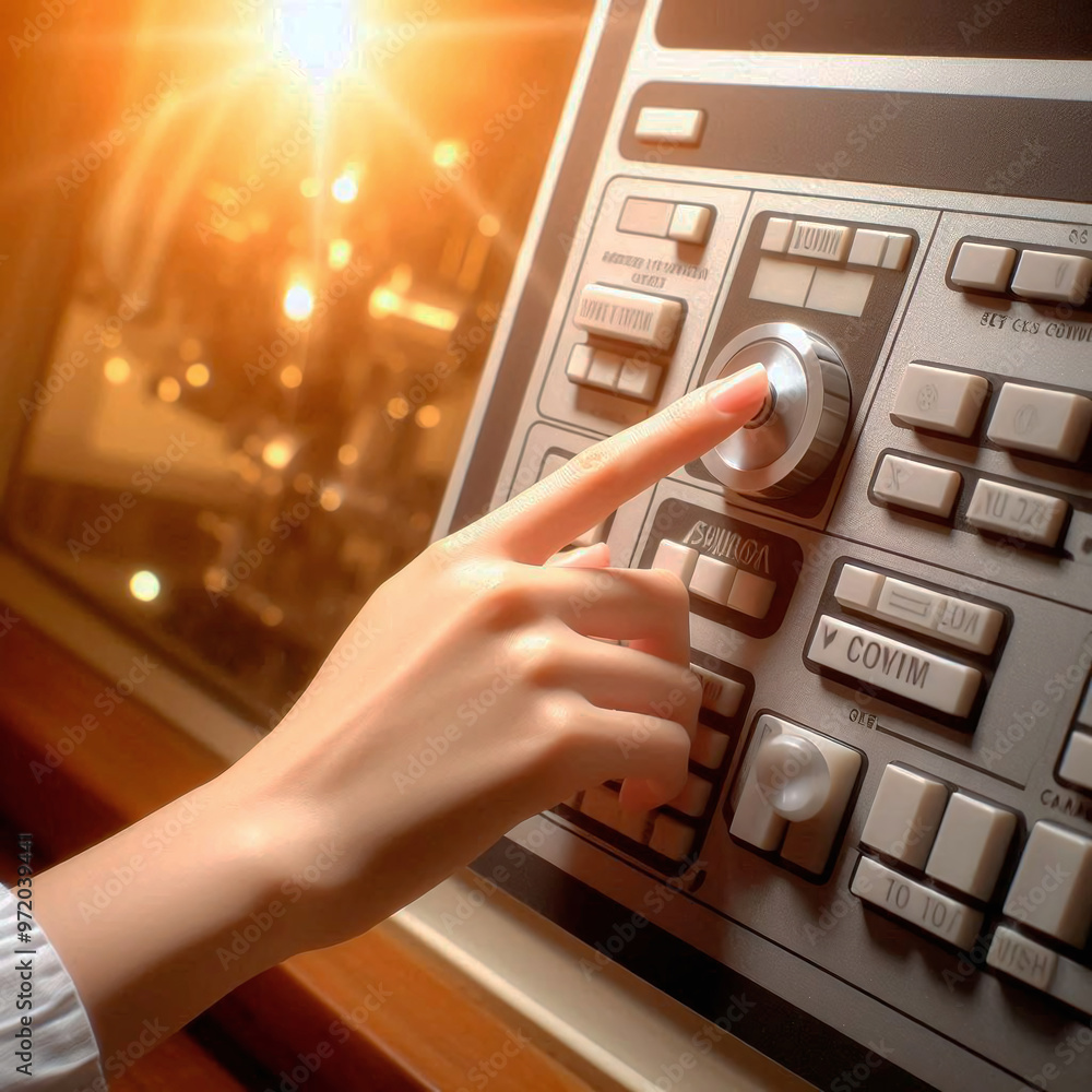Poster the hand presses the control button of the cnc machine