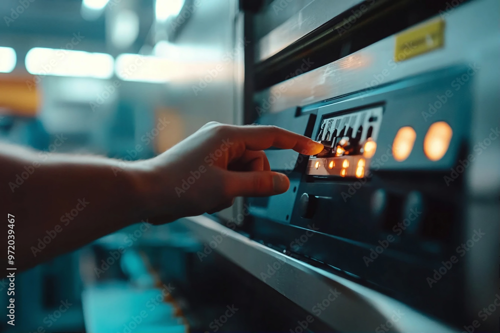 Poster the hand presses the control button of the cnc machine