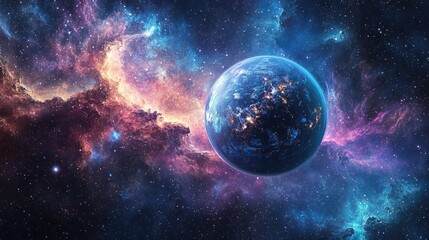 Obraz premium A vibrant blue planet with glowing lights against a backdrop of a nebula.