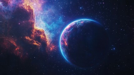 A vibrant, colorful nebula in space with a glowing planet in the foreground.