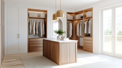 A luxurious walk-in closet with custom cabinetry, a central island, and elegant lighting. The image is captured with deep depth of field, ensuring sharp details throughout the space, with ample copy