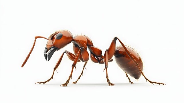 51. A detailed 3D render of a fire ant with prominent mandibles, isolated on a pristine white background