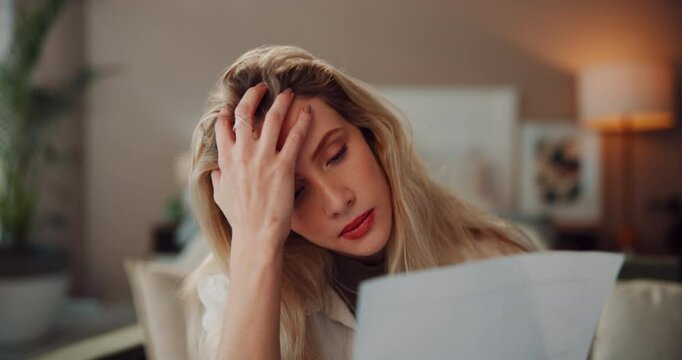 Woman, home and stress with document or paperwork as debt invoice and statement for bills. Female person, frustrated and annoyed or worry in bedroom with financial report, balance and interest rate