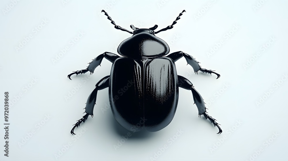 Poster 53. a realistic 3d render of a black beetle with a shiny surface, isolated on a pristine white backg