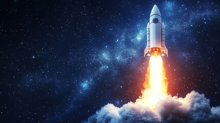 space rocket launches with a burst of flames against the night sky, symbolizing ambition, progress, and the power of human ingenuity