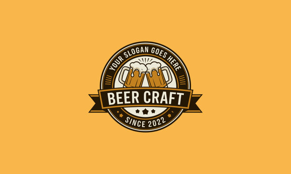 A beer-themed logo with two clinking beer mugs and customizable text. - Powered by Adobe