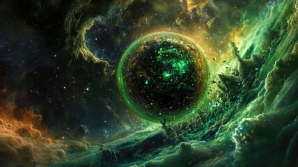 Stunning Cosmic Landscape with Vibrant Green Planet and Nebulae in Deep Space