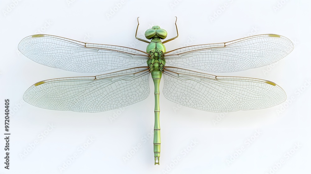 Poster 55. a lifelike 3d render of a green dragonfly with intricate wing patterns, isolated on a pristine w