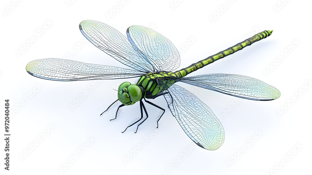Poster 55. a lifelike 3d render of a green dragonfly with intricate wing patterns, isolated on a pristine w