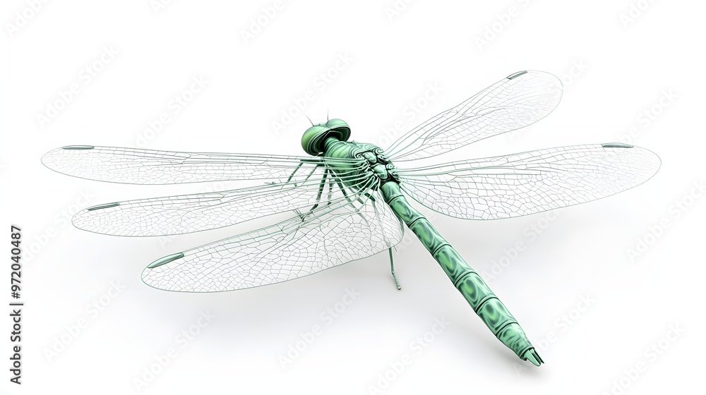Poster 55. a lifelike 3d render of a green dragonfly with intricate wing patterns, isolated on a pristine w