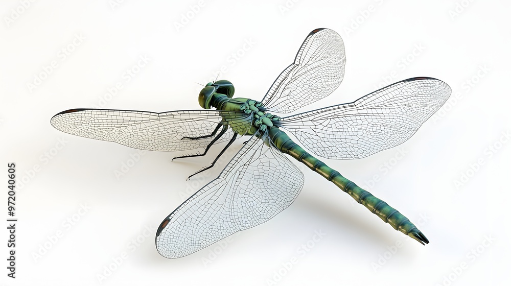 Poster 55. a lifelike 3d render of a green dragonfly with intricate wing patterns, isolated on a pristine w
