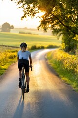 Obraz premium Cyclist riding bycicle through peaceful countryside under soft sunrise light landscape bike nature. AI generated