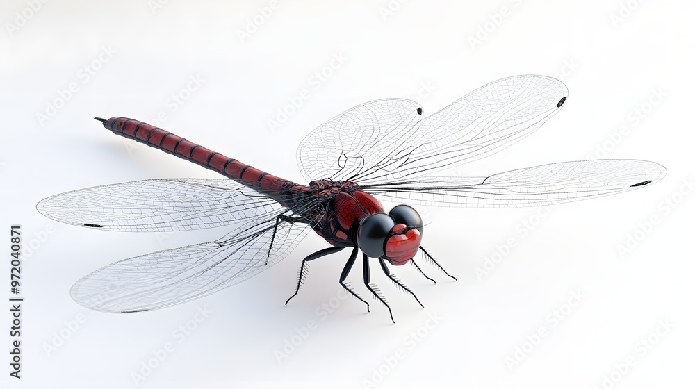 Aufkleber 34. a realistic 3d render of a red and black dragonfly with translucent wings, isolated on a pristin