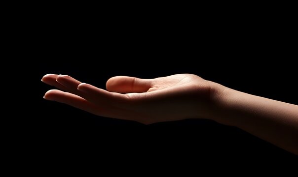 Outstretched hand with dramatic lighting on a dark background, Generative AI 