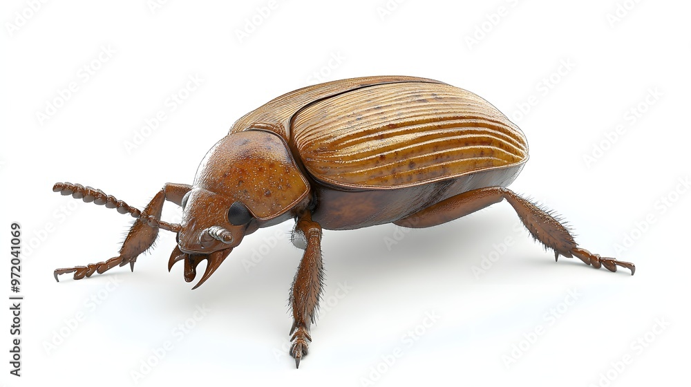 Poster 35. a detailed 3d render of a brown beetle with a textured exoskeleton, isolated on a pristine white